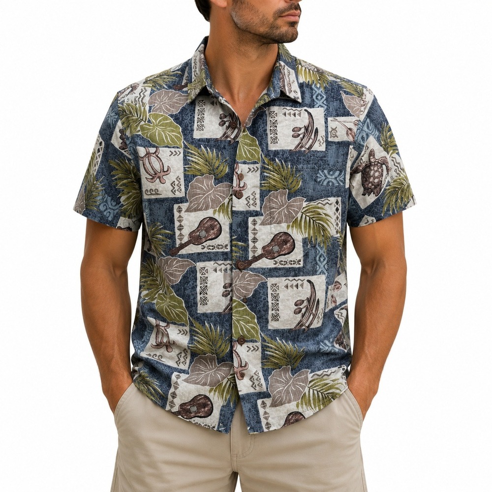 Royal Hawaiian‎ Creations Mens Small Aloha Shirt Blue Sea Turtle Ukulele Cotton
